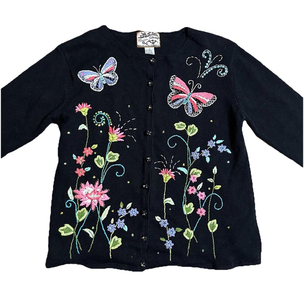 Heirloom Collectibles Cardigan Womens Sm Button Front Sequin Butterflies Flowers
